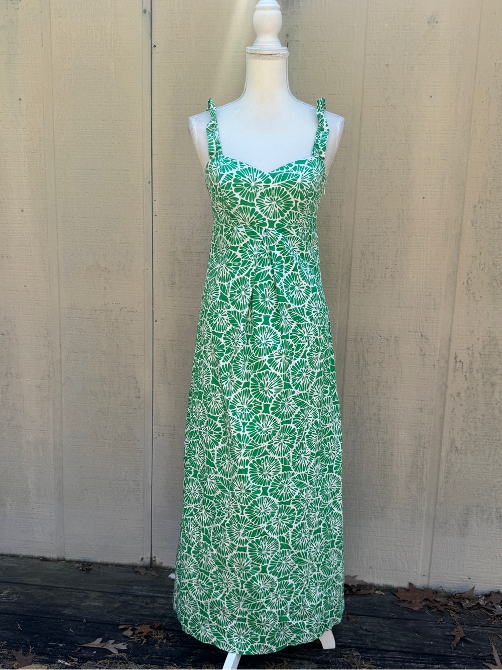 Elle Green Floral Maxi Dress with White Pattern and Tie Straps